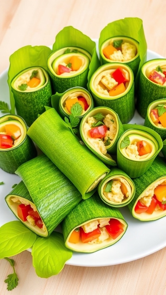 Simple Zucchini Wraps Recipe Zucchini wraps filled with hummus and vegetables on a plate.